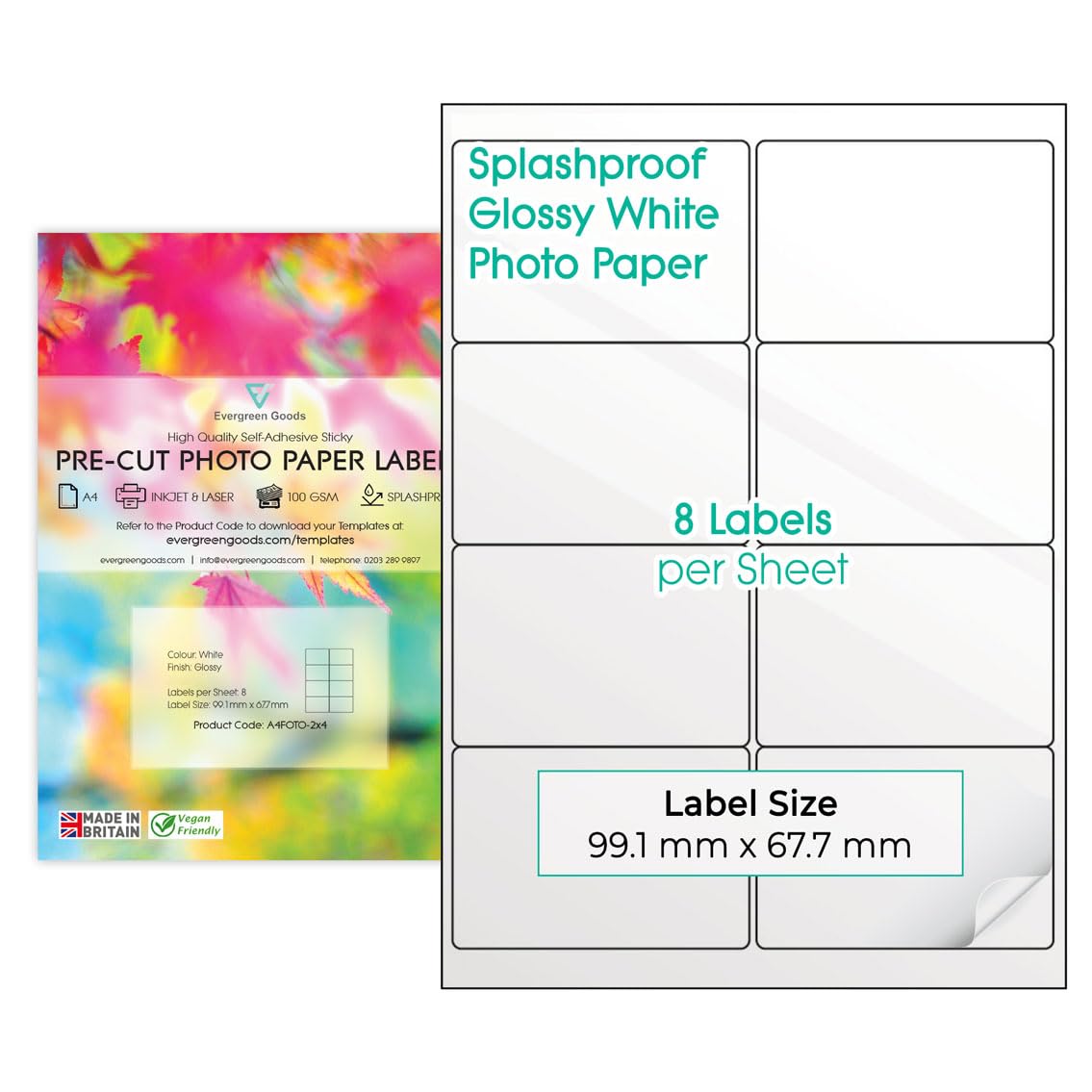 Precut Labels Stickers A4 Sheet (2x4 (8 per Sheet), 50 Sheets) | Glossy White Photo Sticker Paper A4 Labels Splashproof | 9 Label Size Variations | Inkjet & Laser Printable