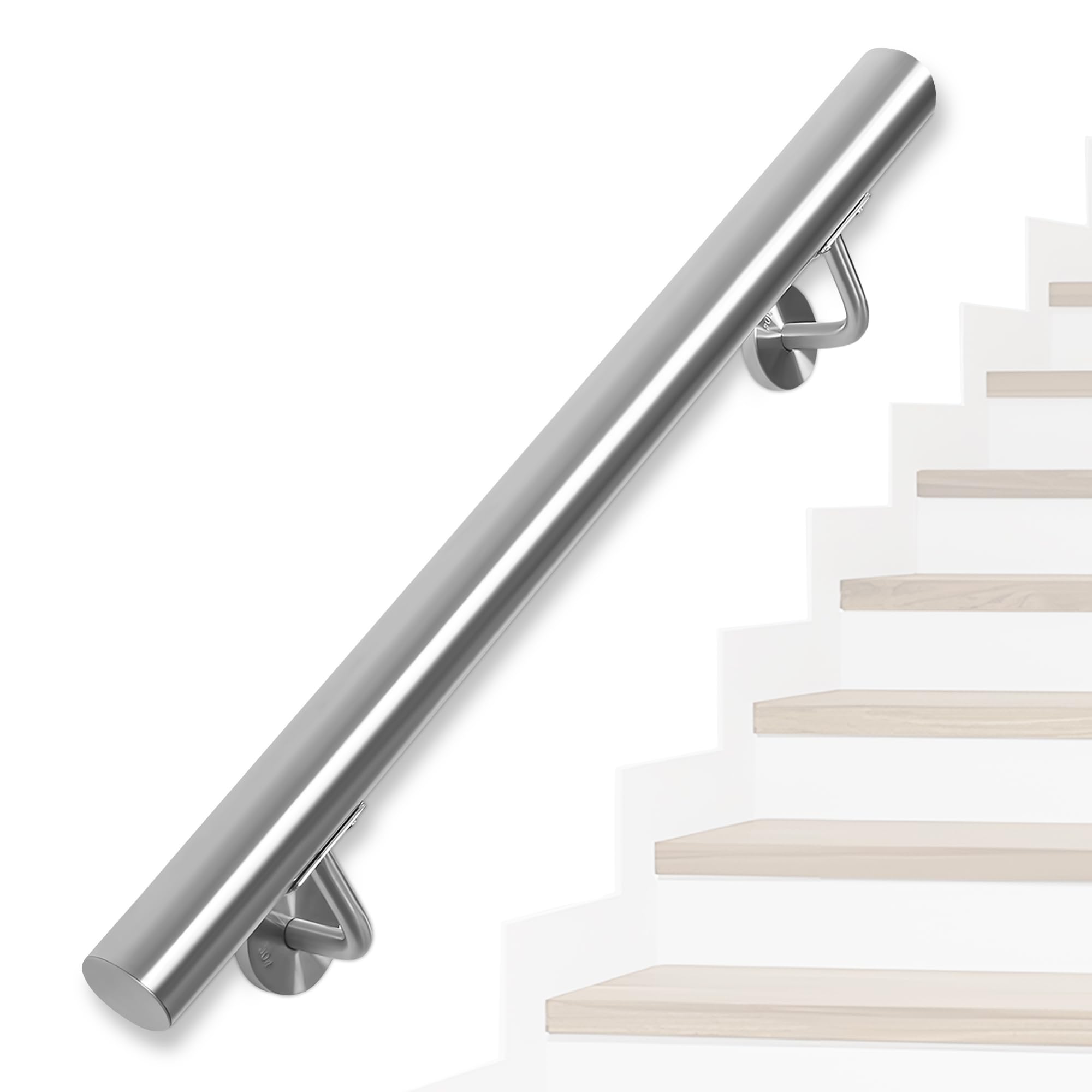 OUUTMEE Handlauf Edelstahl für Treppen 100cm Wandmontiertes Treppengeländer mit Halterungen,rund Ø 42 mm,Innen Außenhandlauf für Dachboden, Veranda, Garage Terrasse