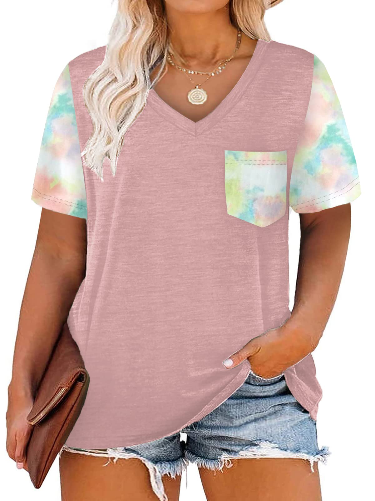 DOLNINE Plus-Size Tops for Women V Neck T Shirts Summer Tunics with Pocket