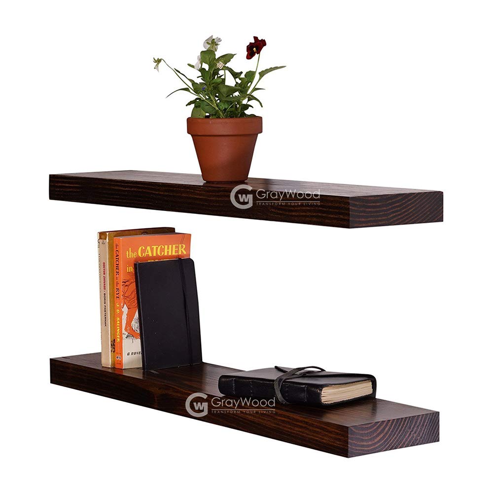 GRAYWOOD Pine Wood 36 Inch Floating Wall Shelf for Living Room Display Rack Set Top Box Wall