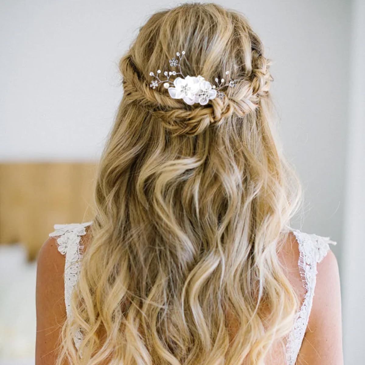 2 PCS Bride Wedding Flower Hair Comb Pearl Flower Rhinestone Hair Pins Handmade Bridal Bridesmaid Headpiece Stylish Elegant Floral Hair Pieces for Women and Girls Hair Jewelry Side Accessories - Image 4