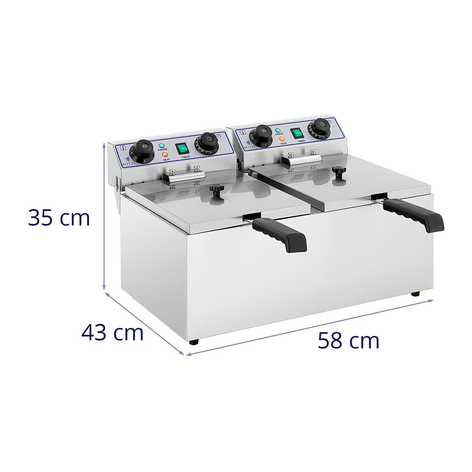 Royal Catering Freidora Eléctrica 2 x 13 Litros RCTF-13DH (Potencia 2 x 3.200 Watt, Temporizador 60 Minutos, Cuba Extraíble Acero Inoxidable)