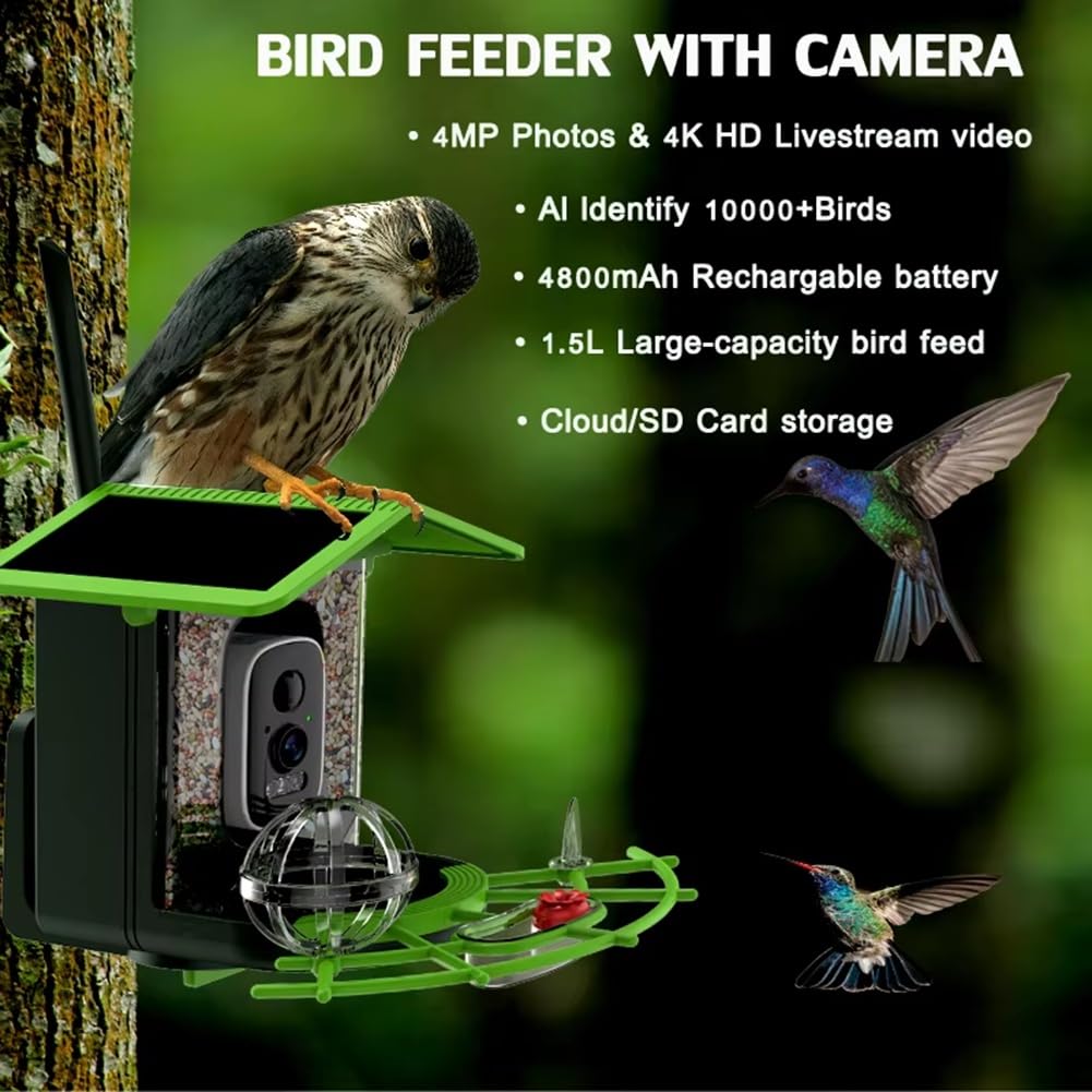 Comedero para Pájaros de 4 MP, 2K HD, Captura de Vídeo de, WiFi, Energía Solar, Carga Tipo C con Panel Solar, Alertas Instantáneas, Observación de