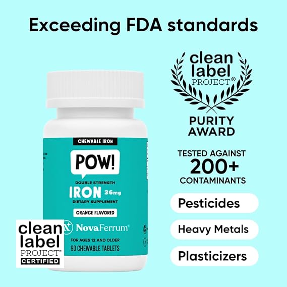 NovaFerrum Pow | Chewable Iron Supplement for Kids & Adults Ages 12 and Over | Anemia | 36mg of Iron | 90 Servings | Sugar Free