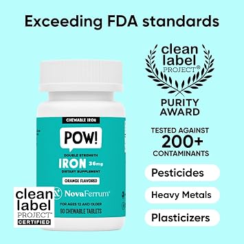NovaFerrum Pow | Chewable Iron Supplement for Kids & Adults Ages 12 and Over | Anemia | 36mg of Iron | 90 Servings | Sugar Free