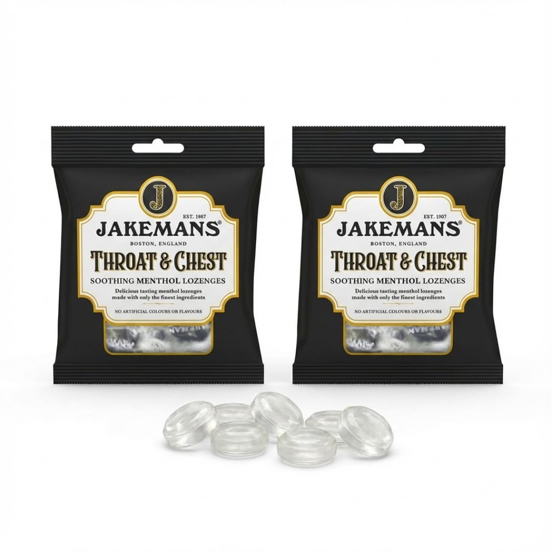 Jakemans Throat & Chest Boiled Sweets 2 x 73g – Traditional Hard Candy with Natural Menthol Flavour – Vegetarian, No Artificial Colours or Flavours