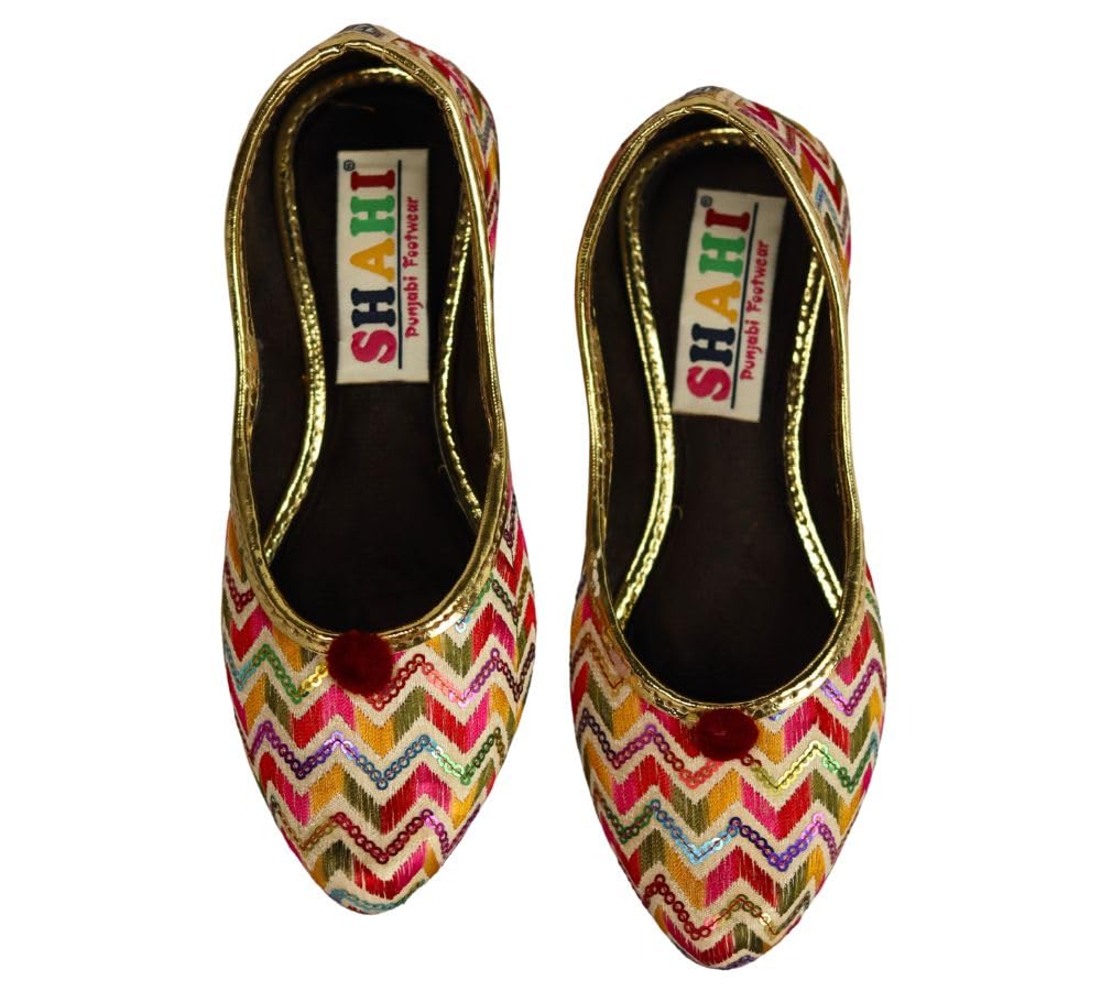 shahi punjabi footwear Kids Girls Multicolor Embroidered Punjabi Jutti with Red Pom-Pom for Traditional Weddings & Festivals Mojari-picture-19
