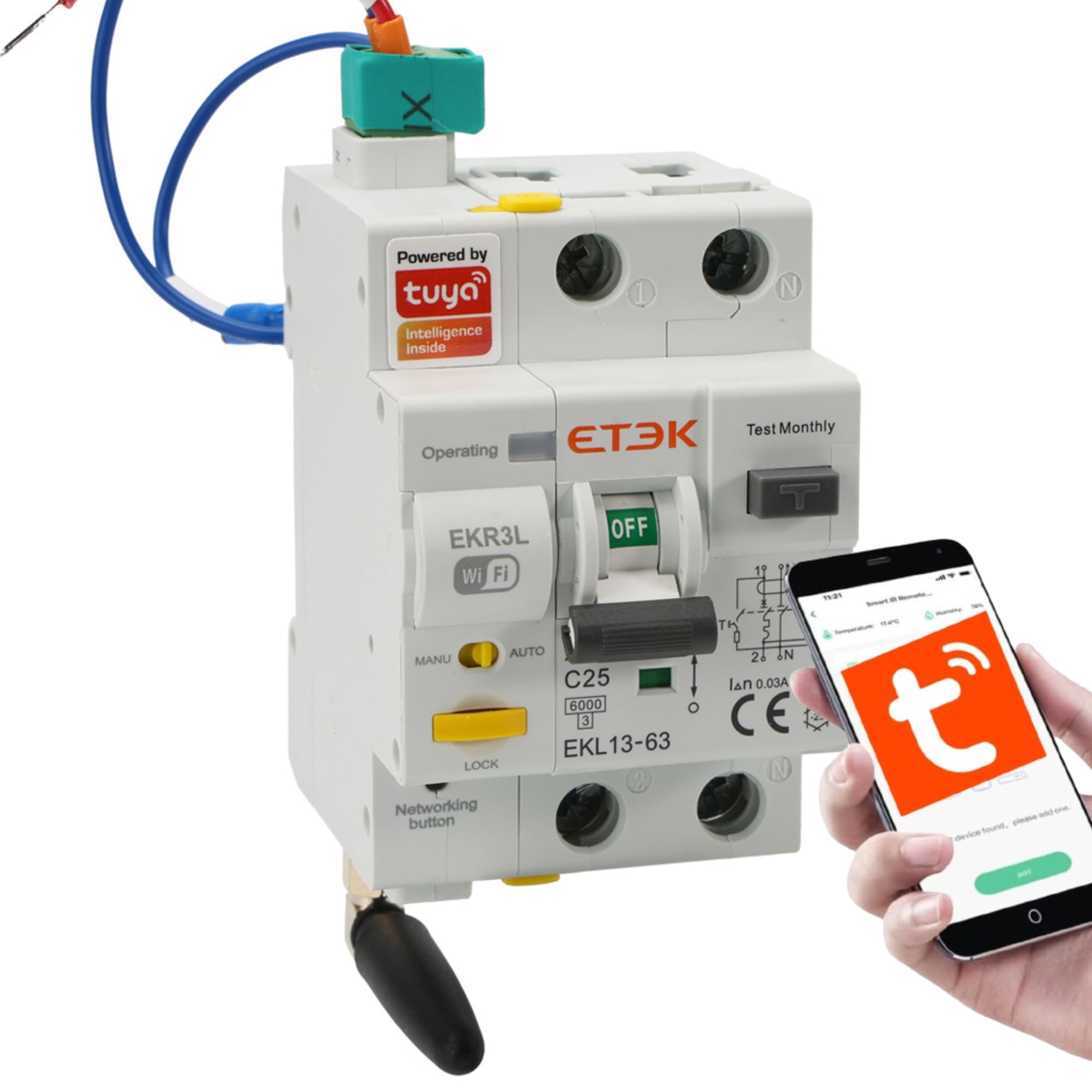 Differenziale con Riarmo Automatico tramite WIFI - 25A 30mA - RCBO con Protezione da Sovracorrente - Superimmunizzato Classe A - Controllo Remoto tramite App Tuya