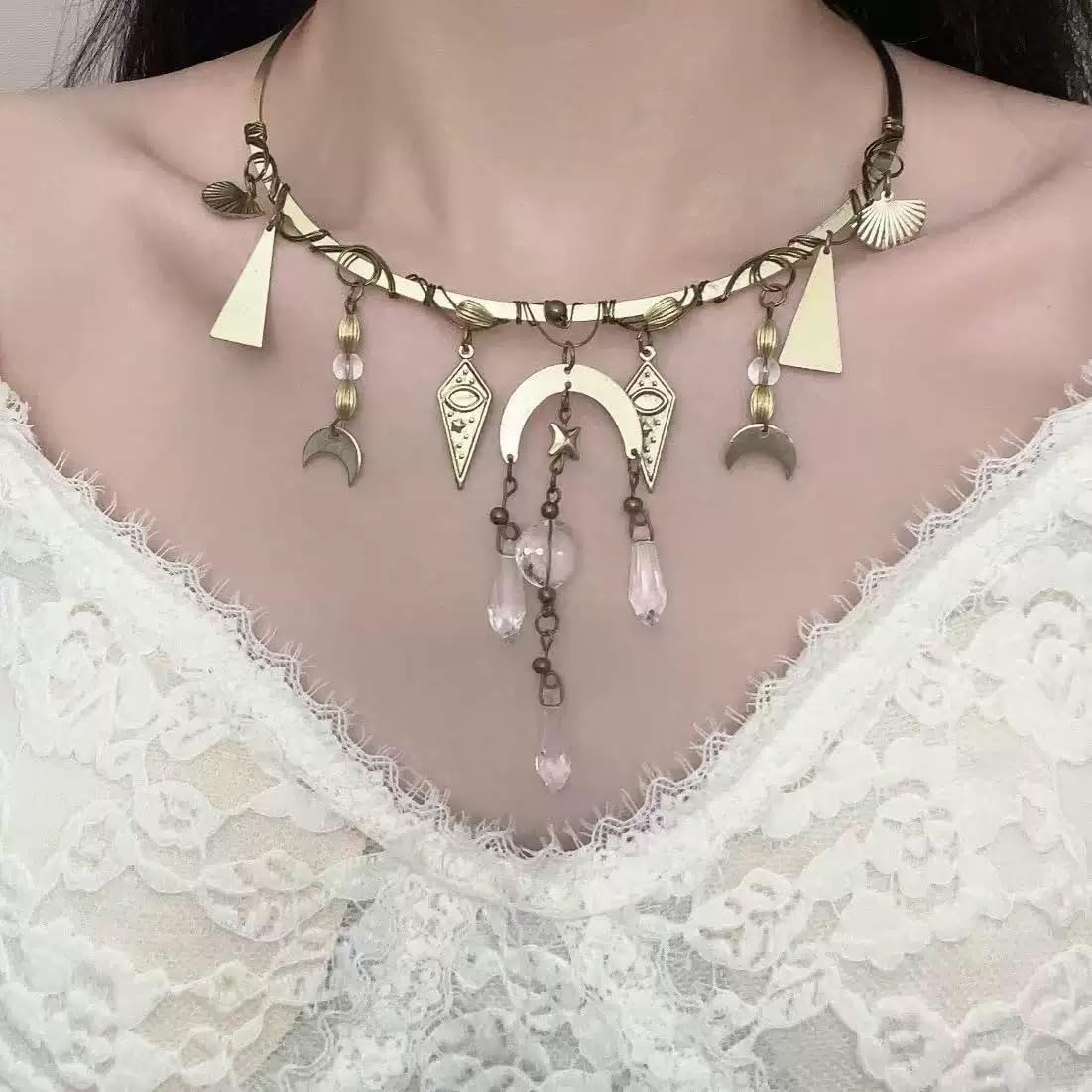 Women Vintage Bronze Boho Crescent Moon Choker, Egyptian Gothic Horus Eye Clear Crystal Pendant, Adjustable Summer Beach Daily Collar Jewelry, Witch Costume Accessories Gift for Halloween Party