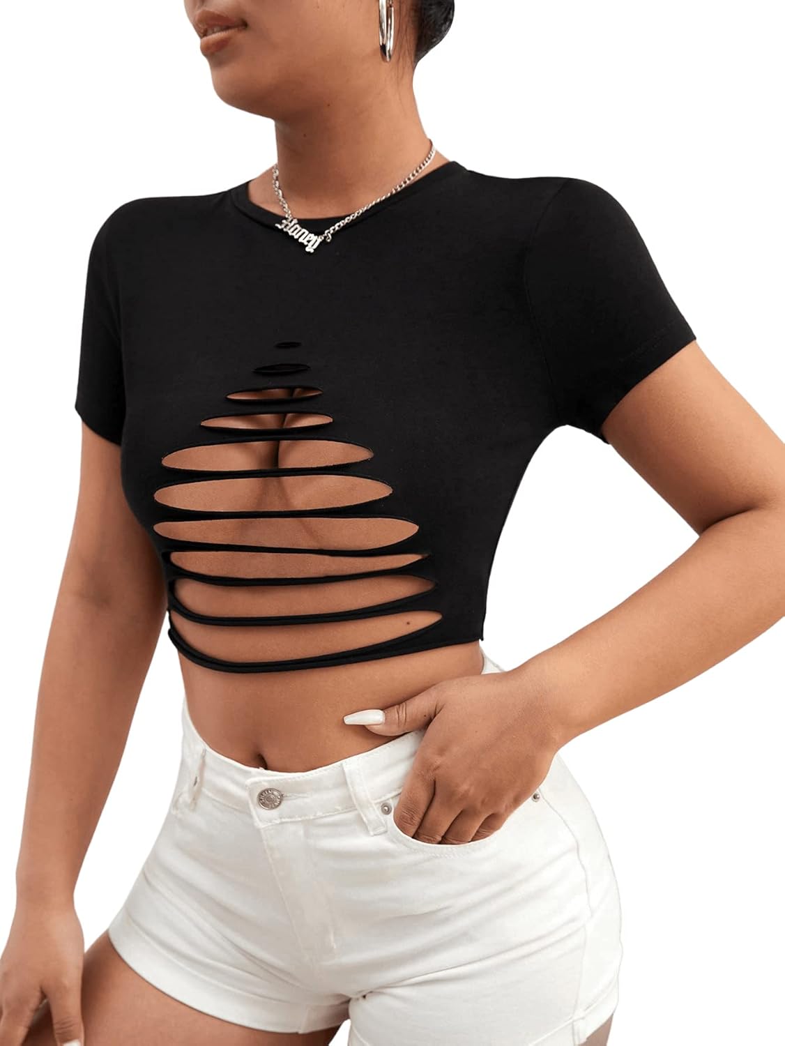 SweatyRocks Women's Sexy Cut Out Crop Ripped Tops Short Sleeve Round Neck Slim Fit Tee Shirt - Image 5