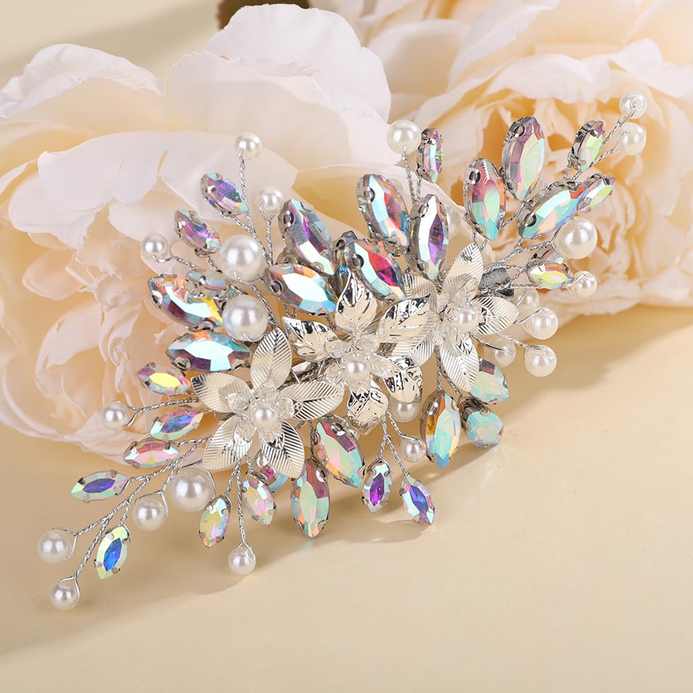 Rumtock AB Color Rhinestones Beads Hair Comb for Wedding Brides Bridesmaid Women Handmade Silver Flower Jewelry (AB Color)