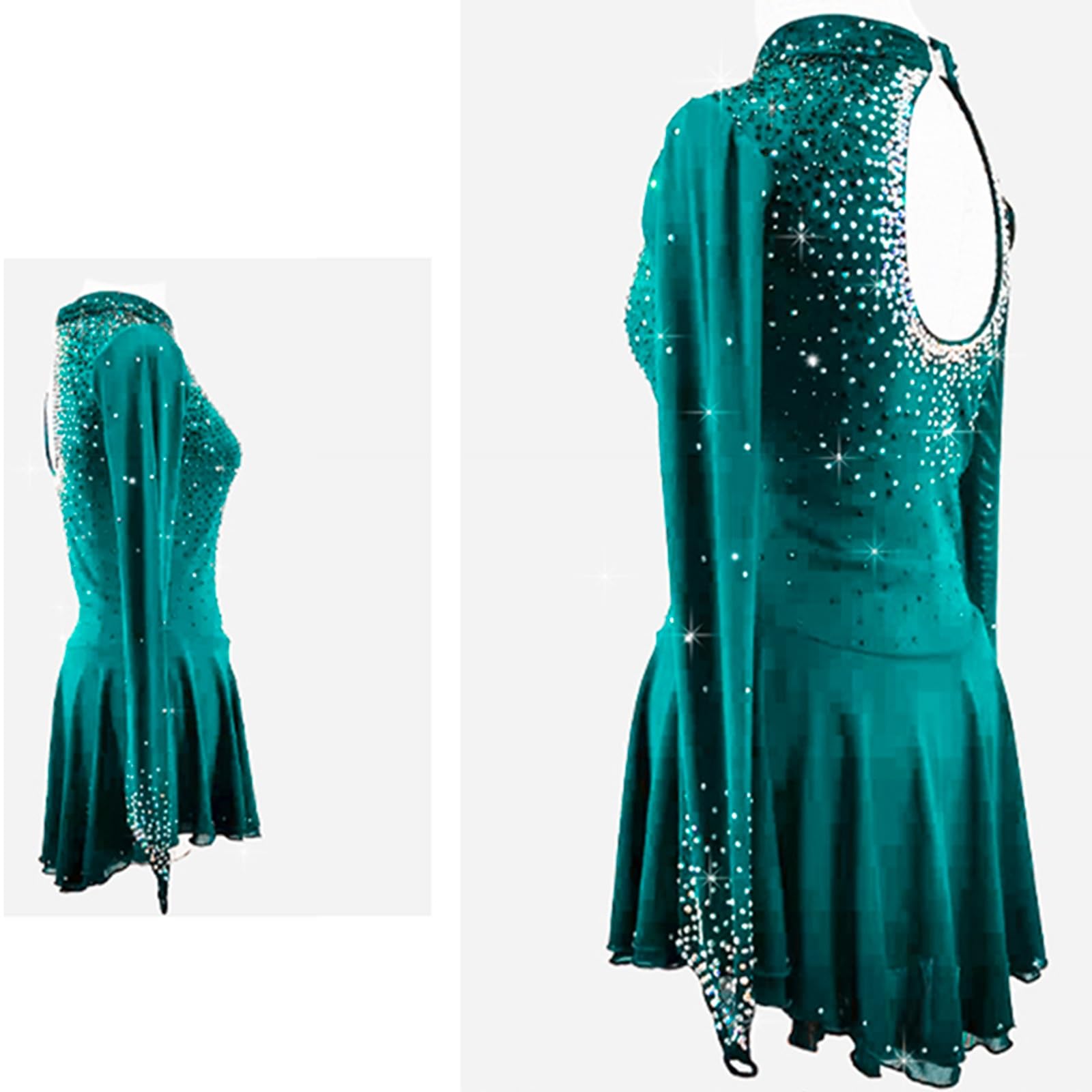 Abito da pattinaggio artistico su ghiaccio for ragazze, tinta unita, da competizione, con schiena aperta, vestito da ballo con strass lucidi