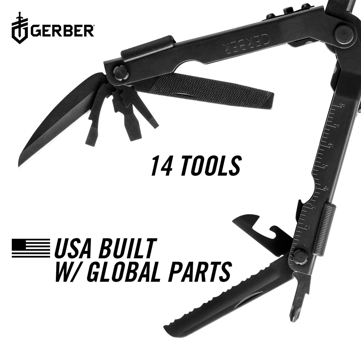 Gerber Multi-Tool z dwoma nożami i skórzaną pochwą, MP600 Full-Size, z 14 funkcjami, czarny, 7550