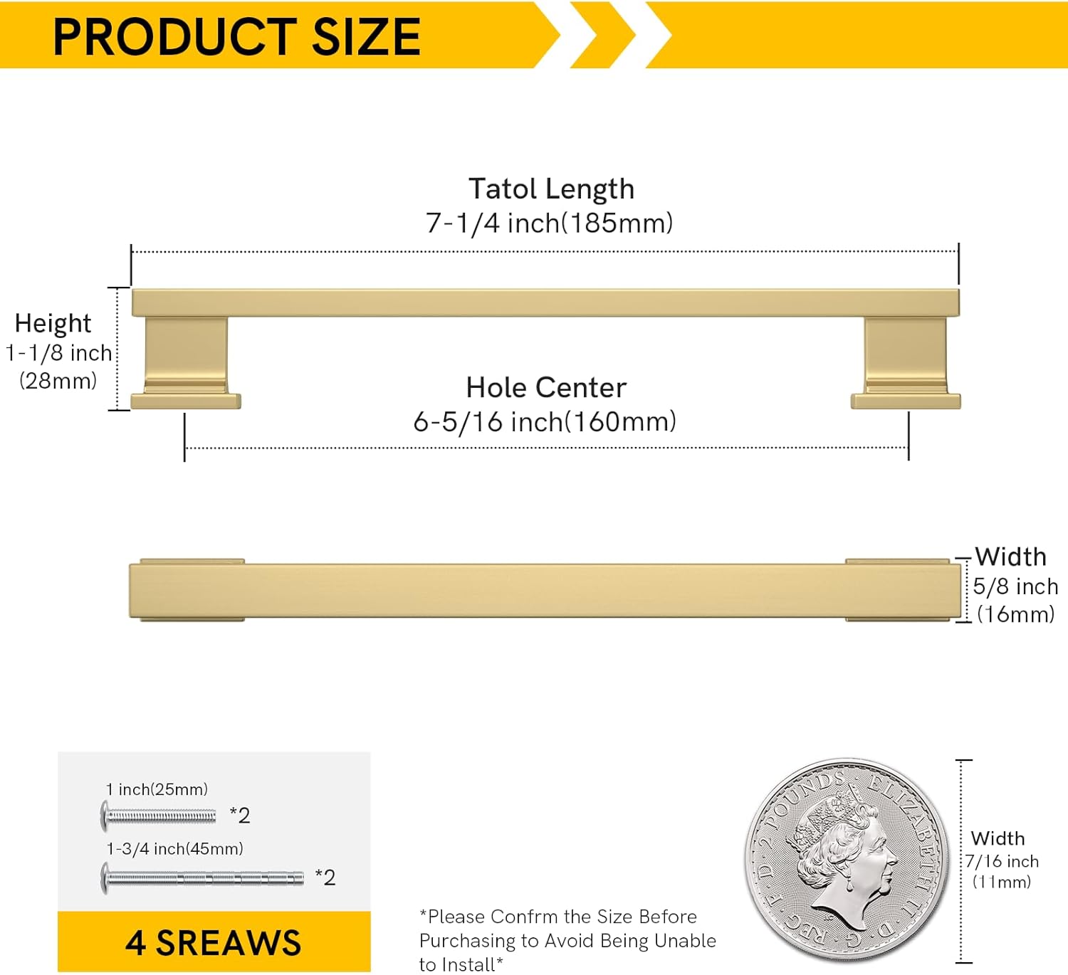 Rergy 10 Pack Gold Cabinet Handles, 6-1/4inch Hole Center Pulls, Gold Kitchen Drawer Pulls and Knobs, Square Hardware for Kitchen Bathroom Dresser
