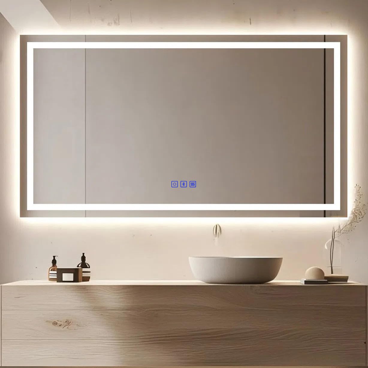 Kasloglow Bluetooth Bathroom Mirror with LED Lights 1200 x 700 mm 3 Colour Dimmable Lighting Demister Touch Illuminated Wall Mounted Vanity Mirror（47.24x27.56 Inch）