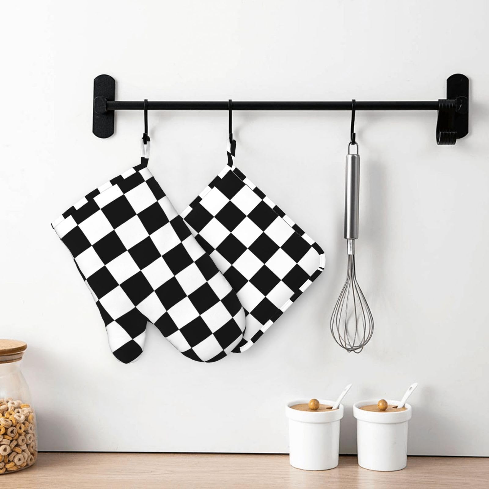 Juego de manoplas de horno y soportes para ollas de silicona a cuadros en blanco y negro, resistentes al calor, 4 guantes de horno, almohadillas calientes para cocinar a la parrilla