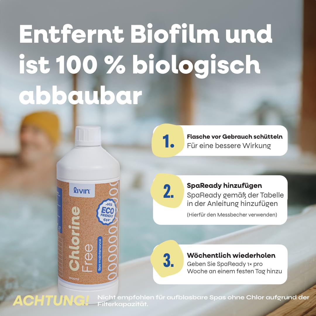 LIVIN Wasserreiniger - 1L* 4 Zuverlässige Wasserpflege und Reinigung für Whirlpools- Badewannen Whirlpool- Reinigungsset & Spa Wasserreiniger
