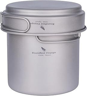 iBasingo Titanium Pot Pan Set with Folding Handle Outdoor Camping Soup Pot Bowl Frying Pan Dinnerware Ultralight Cookware for Picnic Travel Hiking