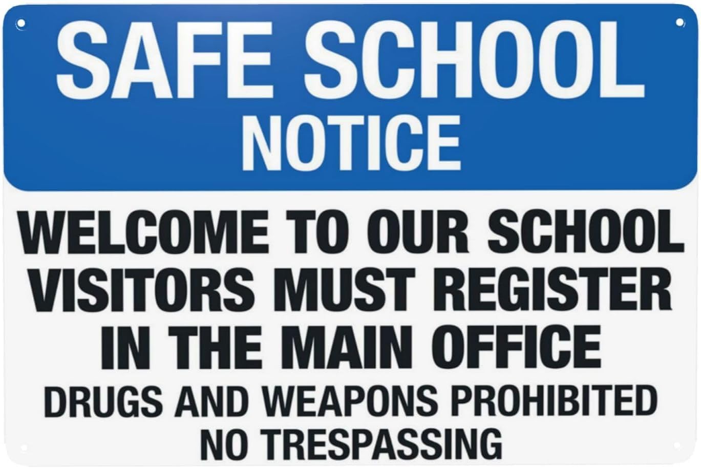 Safe School Notice Welcome Visitors Must Register Rust Free Aluminum Tin Sign - Retro Security Decor with Pre-Drilled Holes for School Office - 12x16 Inch​
