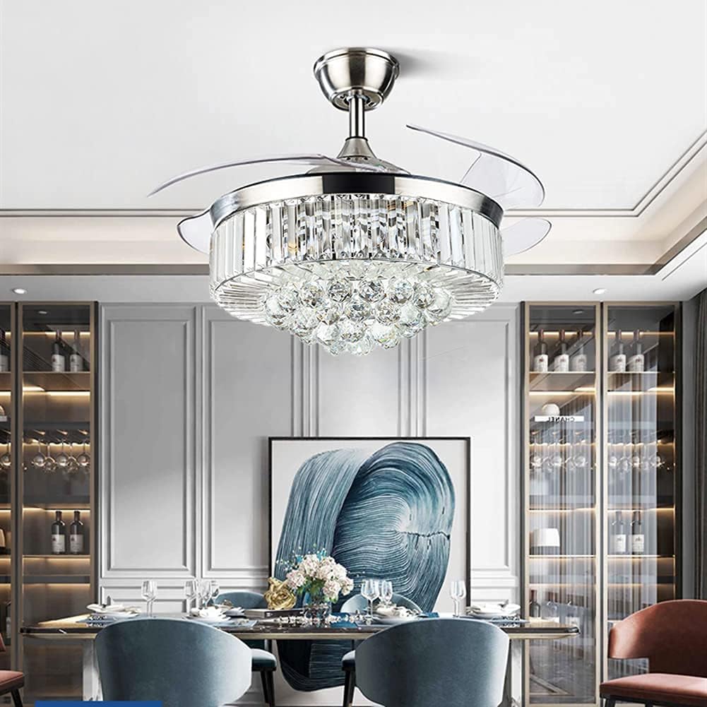 Fandian 42" Crystal Chandelier Ceiling Fan with Light Remote Control Modern Retractable Ceiling Fandeliers Chandelier Fixture, Silent Motor with LED Lighting Board Included, Brushed Silver