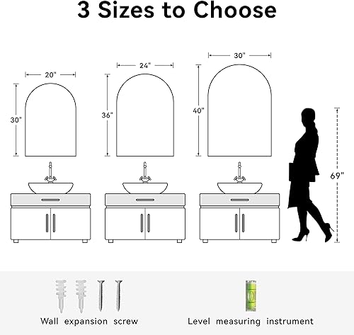 Miniatura 6 de Espejo de baño arqueado de 24 x 36 pulgadas con aleación de aluminio negro con marco mate, para dormitorio, tocador, entrada, sala de estar