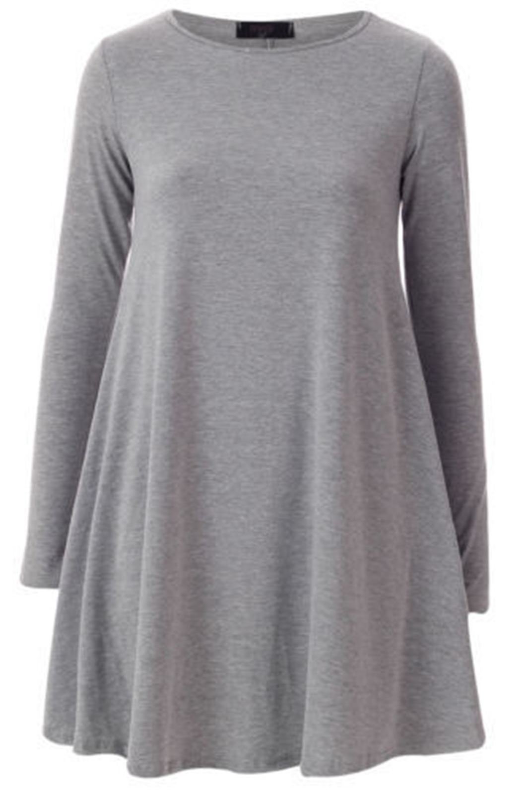 Real Life Fashion Ltd Women's Grey New Long Sleeve Plain Swing Smock Dress