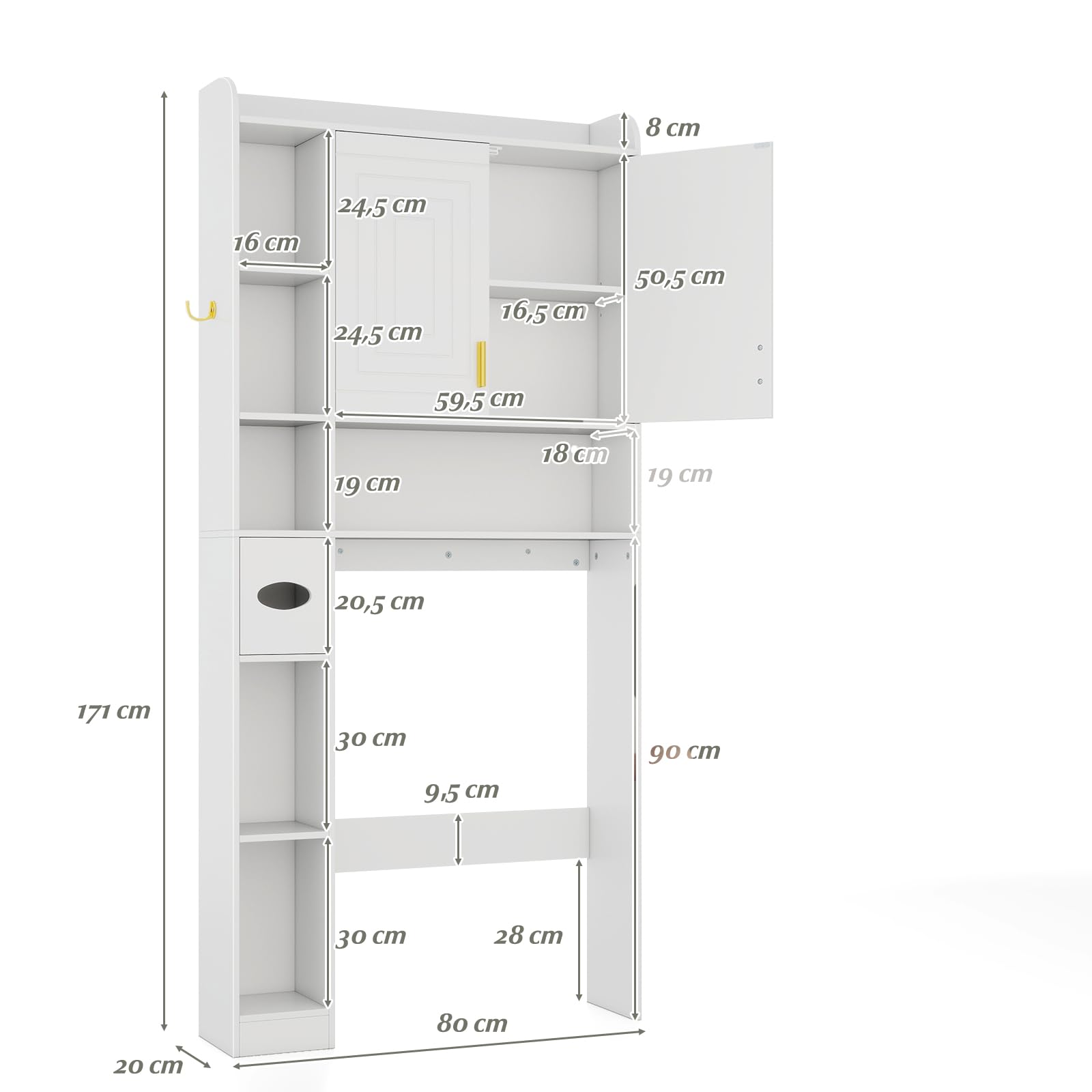 GOPLUS Mueble para WC con Almacenamiento, Armario de Baño con Estante Ajustable, Armario con 2 Puertas, 7 Compartimentos Abiertos, Barra Inferior Ajustable, Mueble para Baño y Lavandería (Blanco)