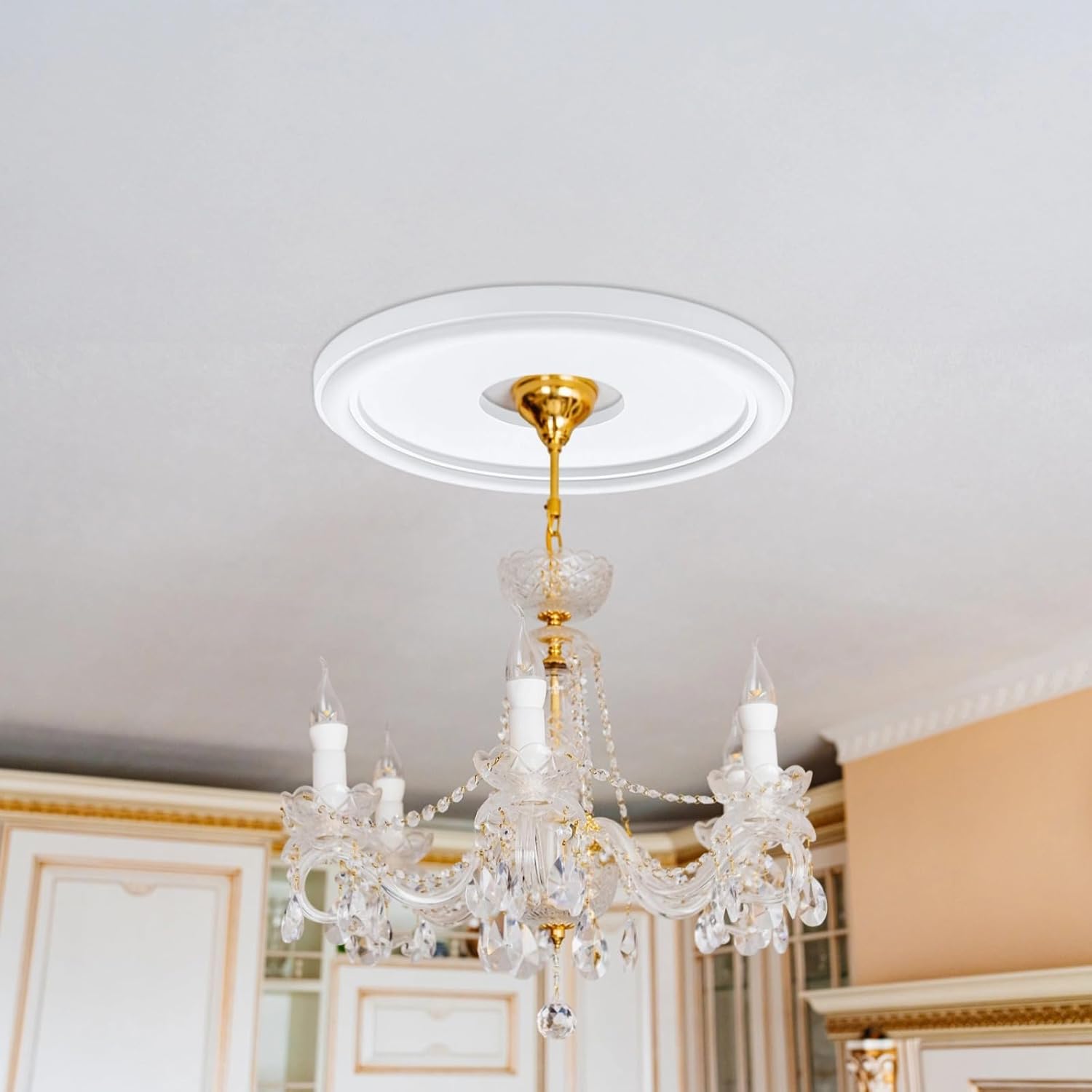 White Ceiling Medallions 13 in, Set 2 Pcs, for Light Fixtures, Pu Material, Elegant, Effortless Installation, Classic Round Design, Home Lighting Décor