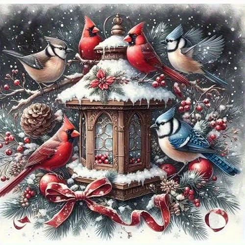 AREOPNMG Winter Diamond Painting Kits for Adults Beginners,DIY Cardinal Birds Diamond Art,5D Full Round Drill Diamond Dot Gem Art Kits, Home Wall Decor 14x14 Inch