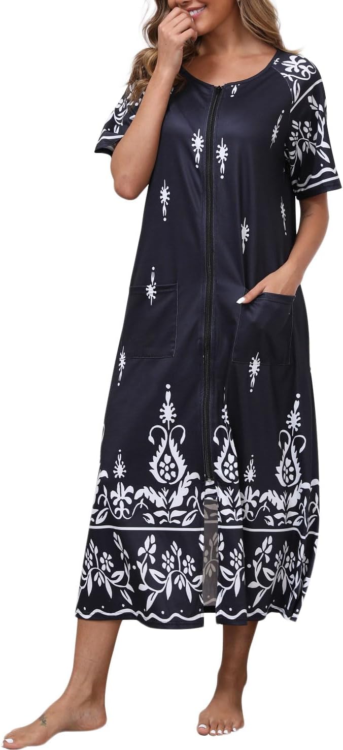 Womens Full Zipper Robe Short Sleeve Bathrobe Mumu Duster House Coat Soft Loungewear with 2 Pockets