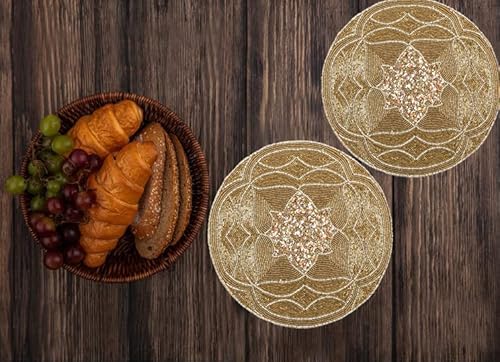 Homebia Designs Handmade Beaded Placemat Charger, 13 Inch Round, Set Of 2, Beautiful Decorative Dining Table Placemat For Your Dinner Table Décor - Gold Multi #TOP7