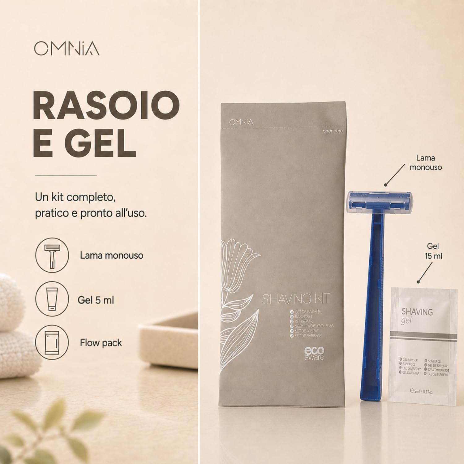Kit barba uomo 50pz linea cortesia omnia per hotel e b&b, Set con rasoio e gel da barba 15 ml