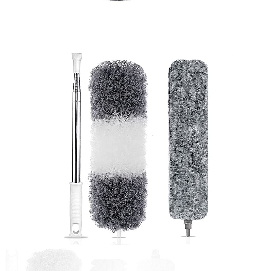 RAAWAN Microfiber Feather Duster Bendable & Extendable Fan Cleaning Duster with 100 inches with Retractable Gap Dust Cleaner for Under Fridge & Appliance Duster Brush for Wet and Dry, White&Gray