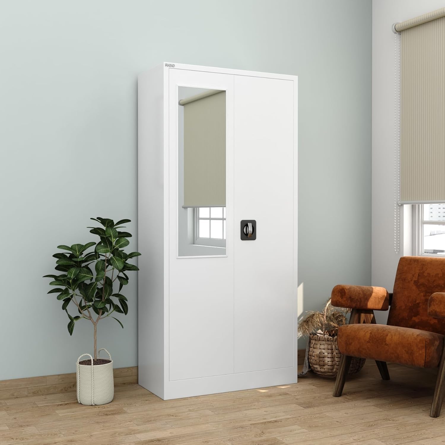 RIGID Steel Home Cupboard with Mirror Door | Clothes Hanging Space & Adjustable Shelves | Metal Wardrobe Storage Cabinet for Bedroom, Living Room & Office (White, 45D x 90W x 183H CM), Assembled