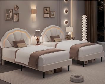 HIFIT 2 Set Twin Upholstered LED Bed Frame with Adjustable Dreamy Petal Headboard, Soft Velvet Princess Platform Bed for Girls/Kids, Solid Wood Slat Support, No Box Spring Needed, Easy Assembly, Beige