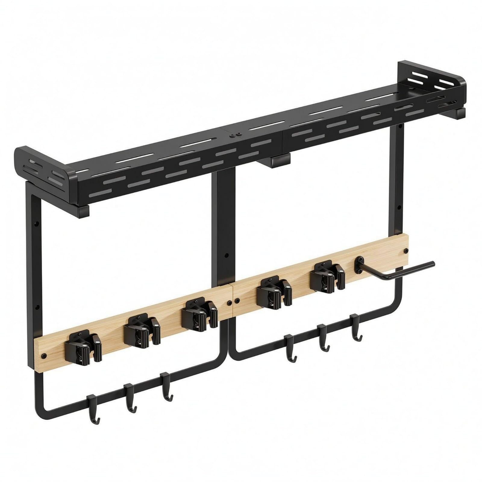 Baoblaze Soporte de Escobas Montado en la Pared Organizador para Utensilios Colgador de Fregonas Estante con Estructura Metálica, Estante De Cocina De Doble Lado con Ganchos Y Barra, Color Negro