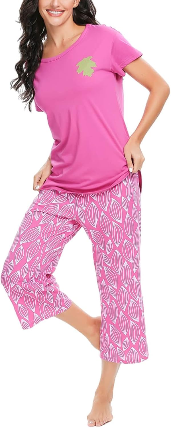 Tugege Womens Pajama Sets Short Sleeve Sleepwear Tops with Capri Pants Fun Printed 2 Piece Lounge Pjs Set - Image 4