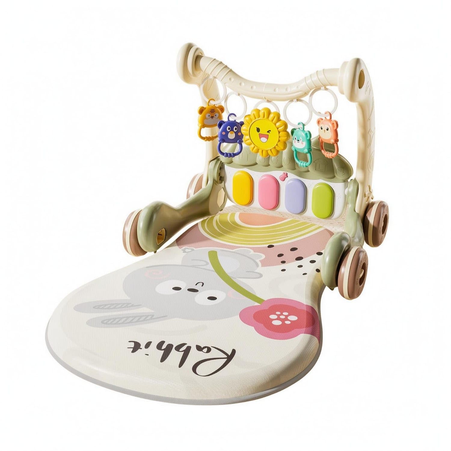 Bnf Detachable Play Mat 2-in-1 Baby Activity Gym Stroller Curved Push Handle Baby Activity Stroller Hanging Animal Toys Walk-Behind Guide Piano-Style Keys for Babies, Walking Practice, Green-picture-31