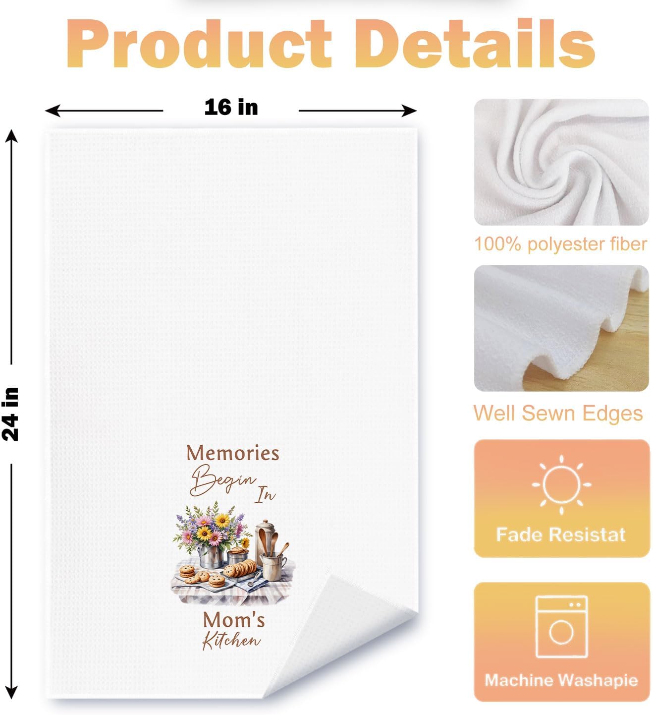 Mom's Kitchen Towels, Mother's Day Birthday Gifts for Mom Dish Tea Towels for Kitchen, Mother Gifts from Daughter Son Decorative Hand Towels, 16x24 Inch - Image 2