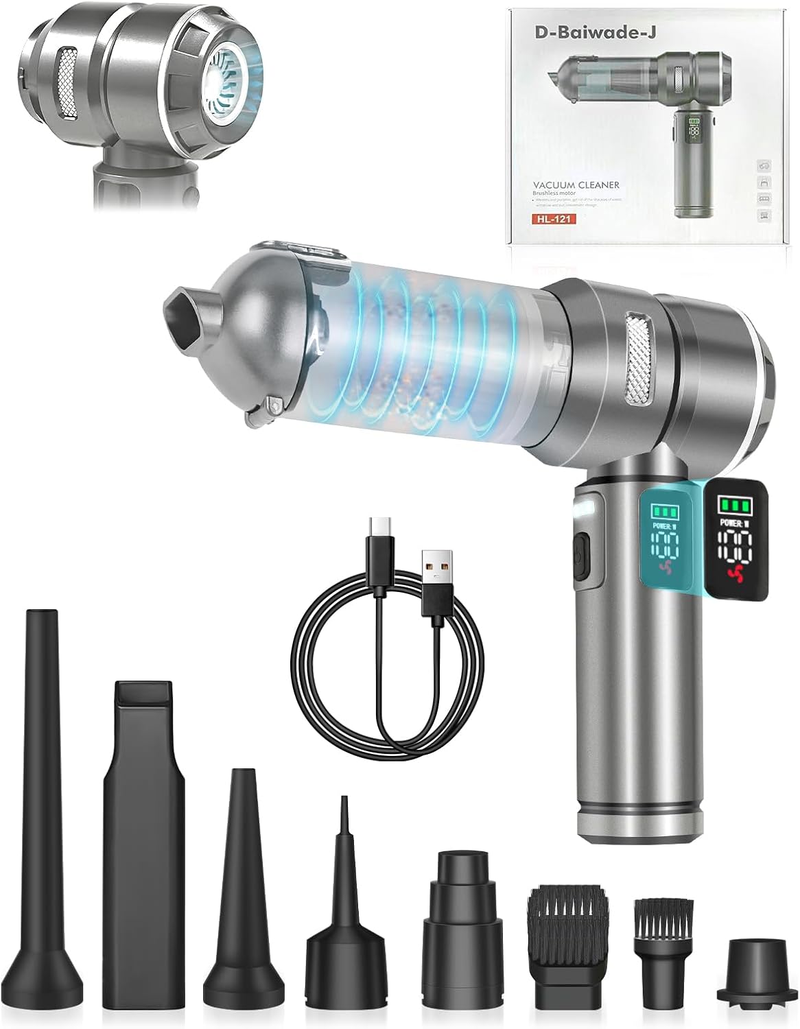 Baiwade Cordless Handheld Car Vacuum Cleaner, 15000PA High Power 2-in-1 Mini Vacuum Duster & Inflator with LED Display Screen, 3-Speed Brushless Motor for Car Care, Home, Office, Pet