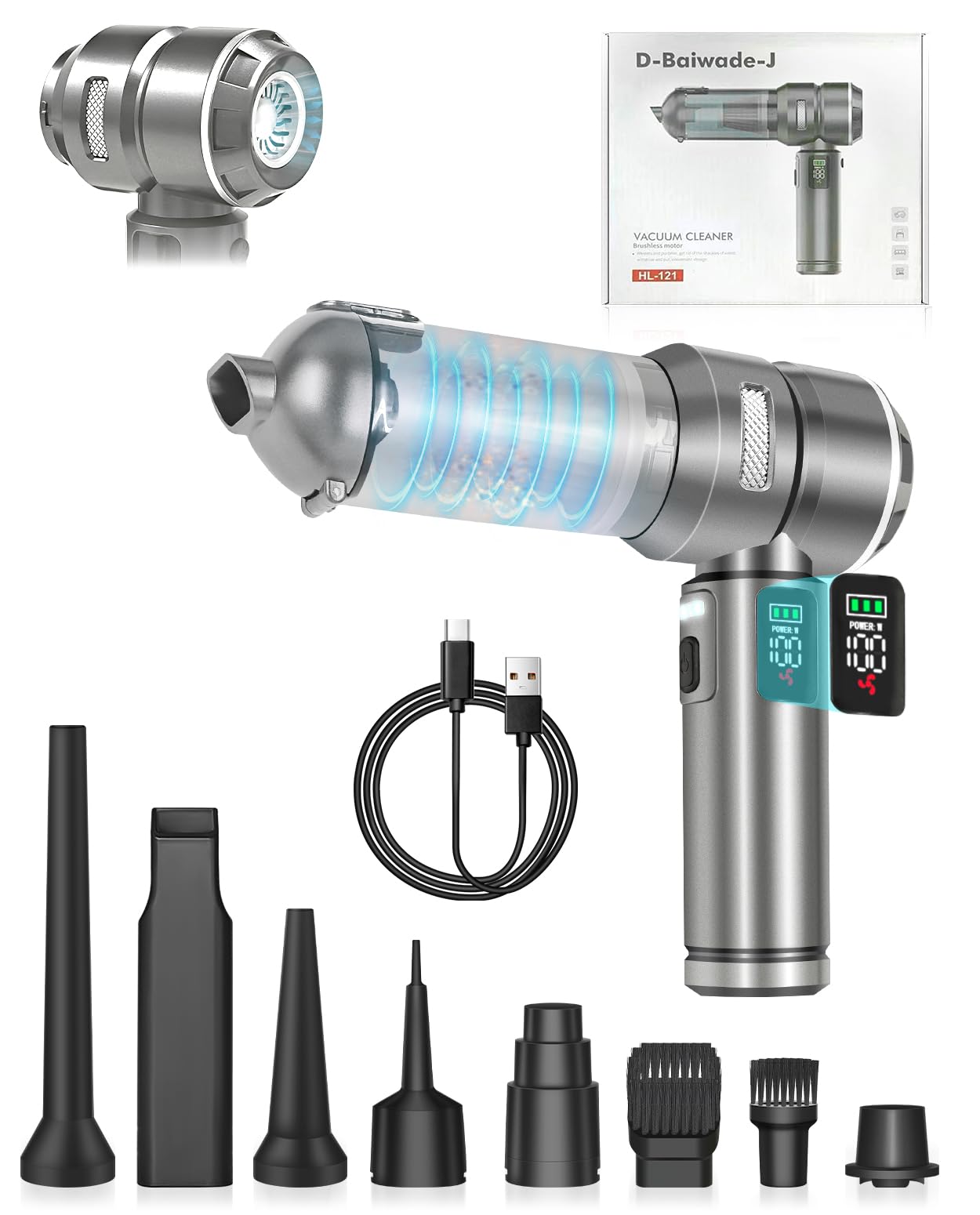 Baiwade Cordless Handheld Car Vacuum Cleaner, 15000PA High Power 2-in-1 Mini Vacuum Duster &amp; Inflator with LED Display Screen, 3-Speed Brushless Motor for Car Care, Home, Office, Pet