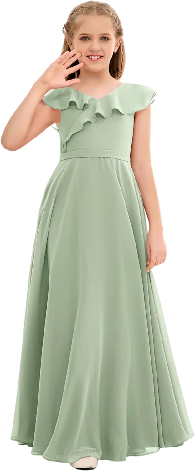 Junior Bridesmaid Dresses Chiffon Flower Girl Dress Girls Spaghetti Straps Party Pageant Gown Off-Shoulder