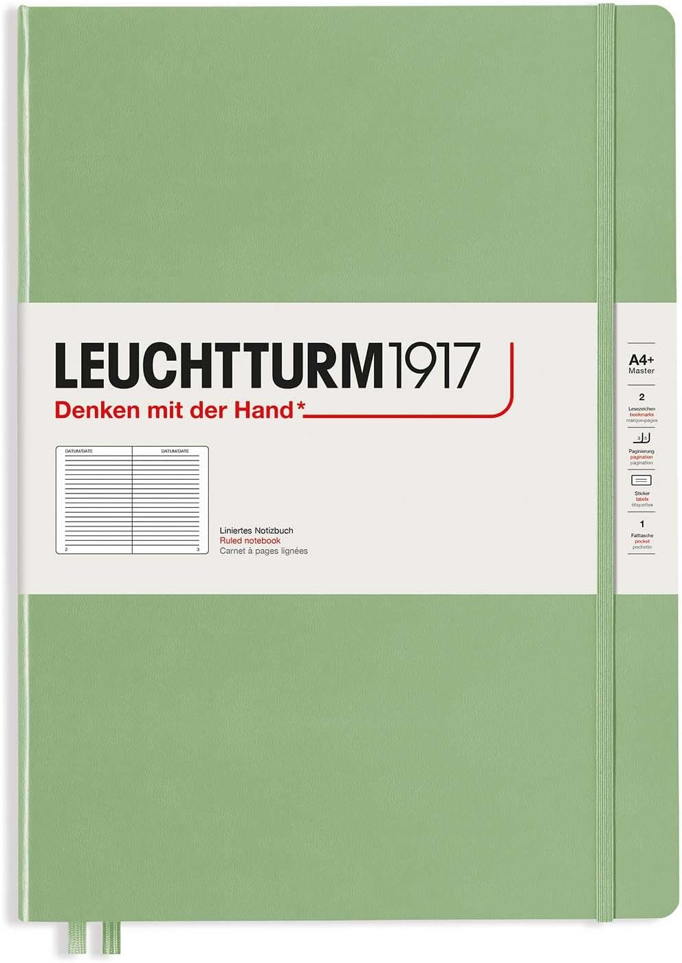 LEUCHTTURM1917 - Notebook Hardcover Master Slim A4+ - 123 Numbered Pages for Writing and Journaling (Sage, Ruled)