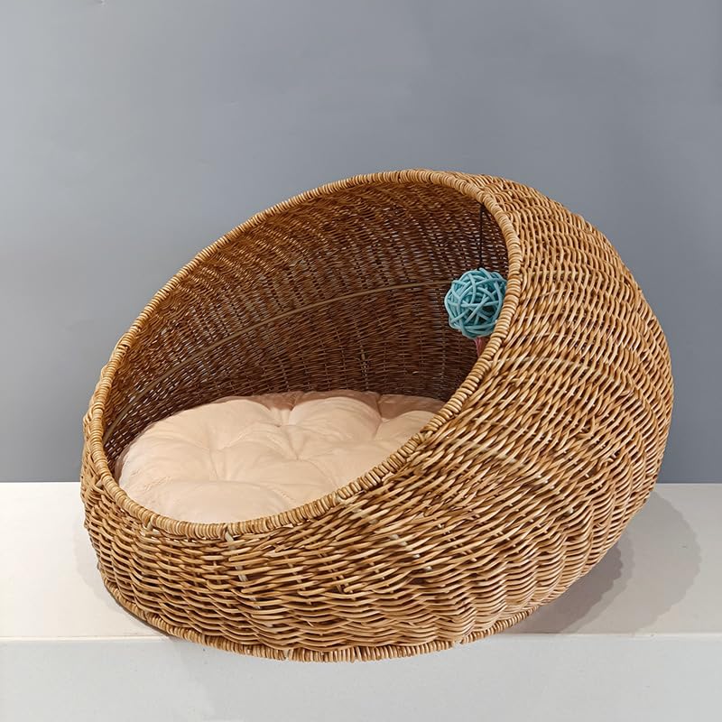 Weiden-Katzenhaus - Gemütliche Haustierhöhle für drinnen und draußen, Rattanbett mit waschbarem Kissen, bequeme Höhle für Kätzchen und Katzen