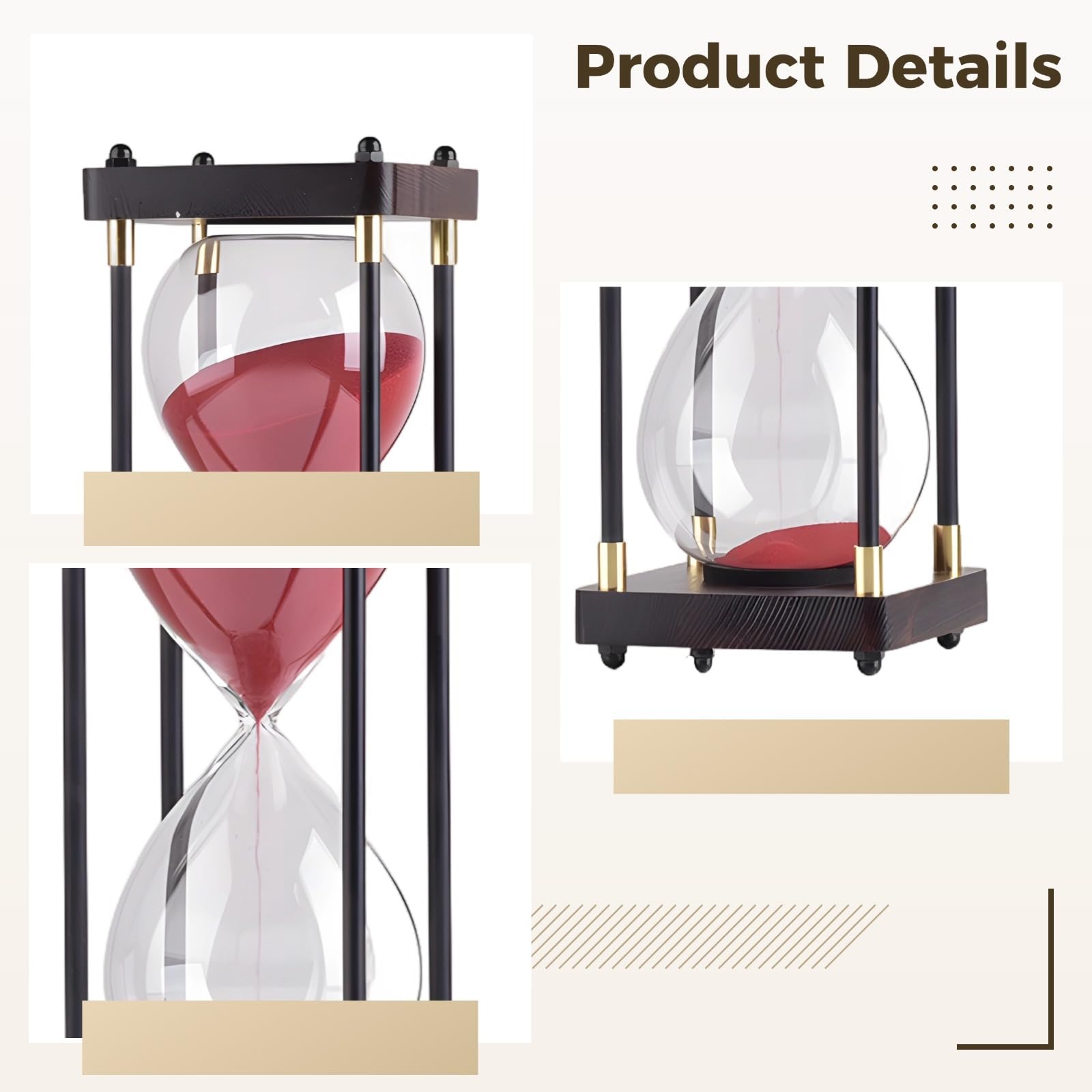 Reloj de arena roja de 60 minutos, temporizador de arena de cristal grande con marco de metal negro, decoración para el hogar, estudio, oficina