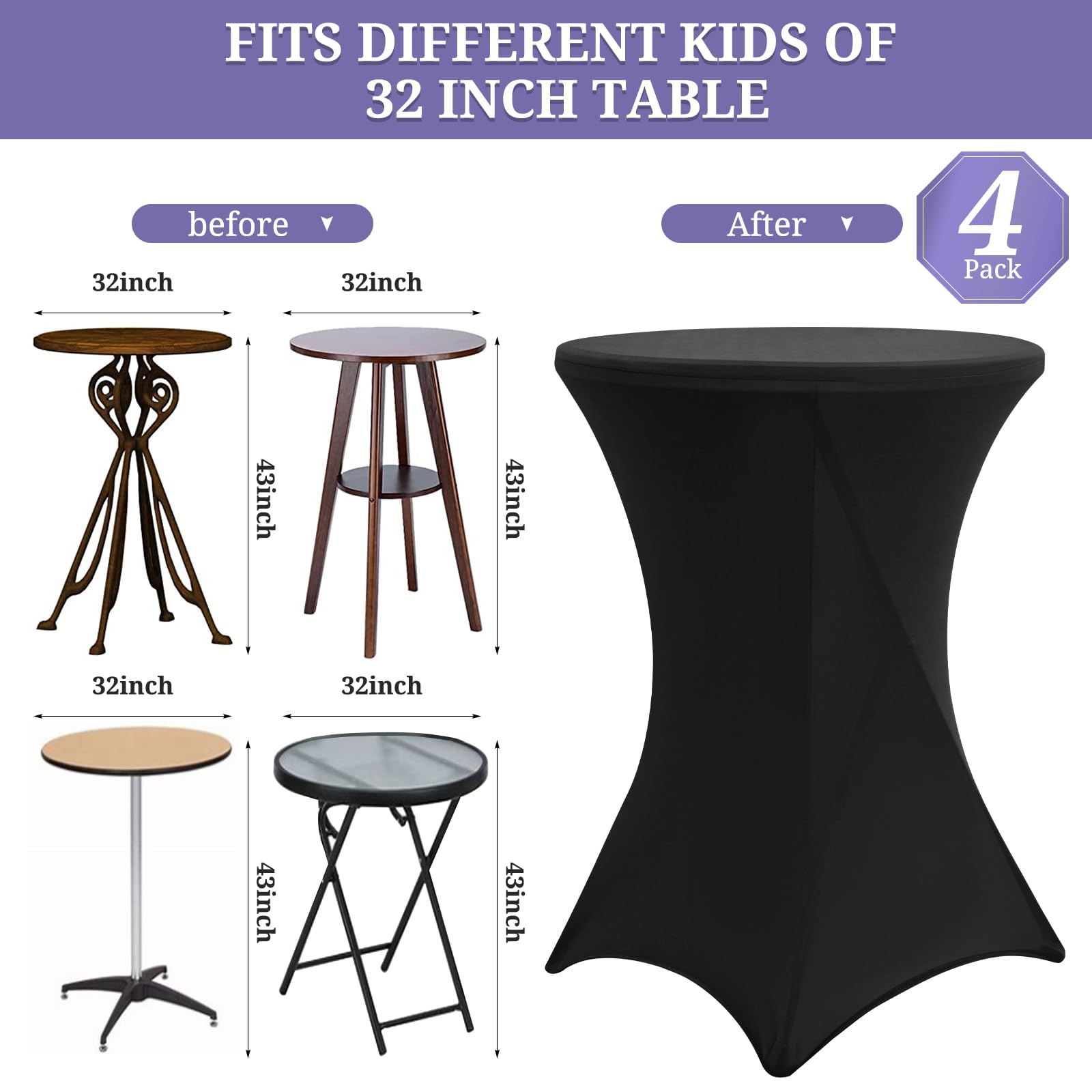 Paquete de 4 Piezas de Mantel de Spandex de Esquina Cuadrada Elástica para Cócteles, Mantel de Cóctel Circular de Alto para Banquetes de Bodas y Recepciones de Bares (Negro 80x110cm)