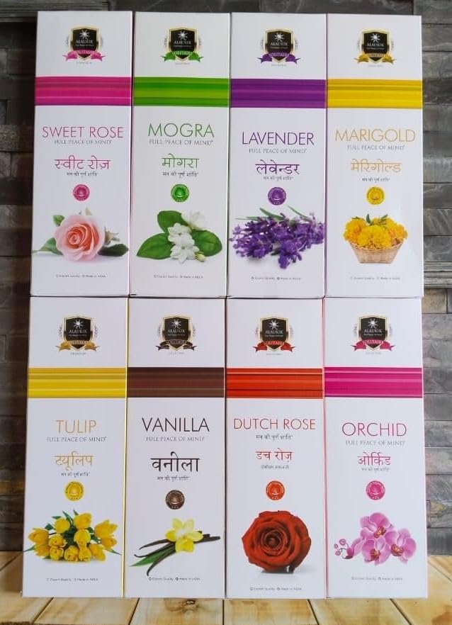 Alaukik Solitaire Incense Sticks for Pooja Combo Pack of 8 - Sweet Rose, Mogra, Lavender, Marigold, Tulip, Vanilla, Dutch Rose, Orchid (90 GM x 8=720 gm)-image-28