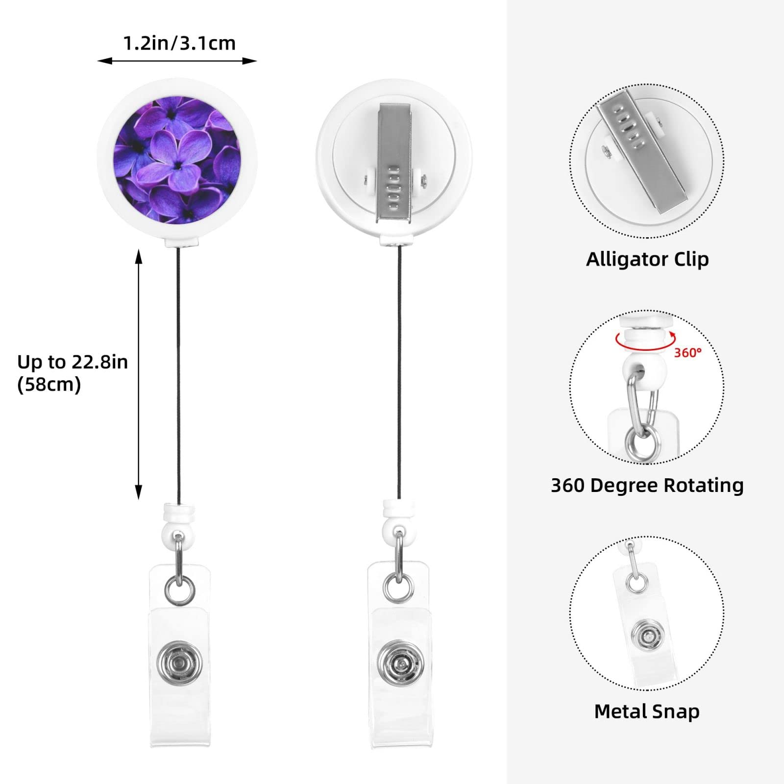 Porte-badge Rétractable Floral - Clip Avec Corde Extensible 60 Cm - Pour Infirmière, Employé, étudiant - Fleurs Violettes