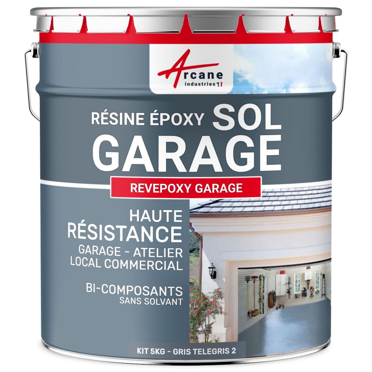 ARCANE INDUSTRIES Peinture Sol Garage epoxy - Resine avec durcisseur : REVEPOXY Garage - 5 kg (jusqu'à 16 m² en 2 Couches) Telegris 2 - RAL 7046