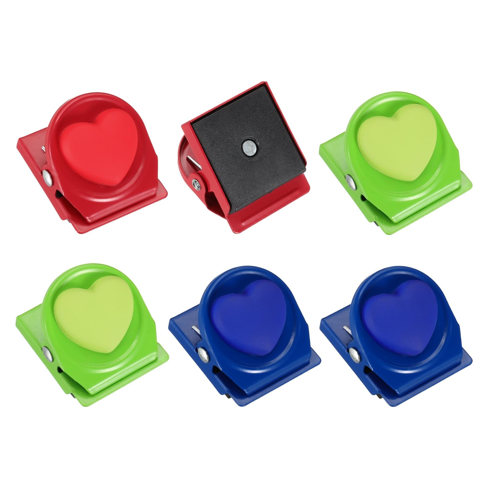 sourcing map Magnet Metal Clips for Hanging, 6Pcs Heart Fridge Magnetic Clips Magnetic Paper Clamp Magnet Clamp for Locker Whiteboard Photo Display Document Storage, Green/Dark Blue/Red